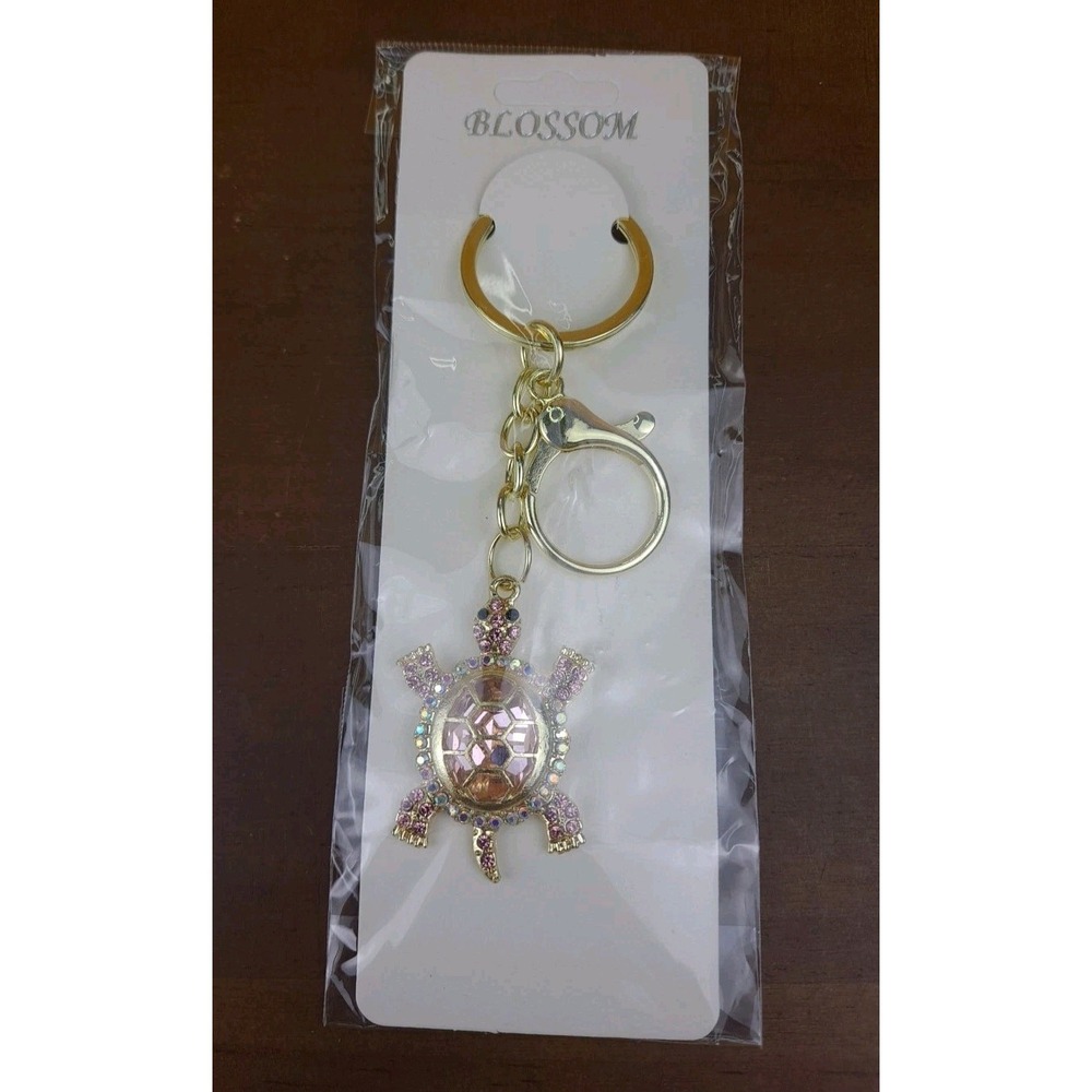Turtle Pink Rhinestone Crystal Gold Tone Keychain Backpack Purse Clip - Picture 2 of 5